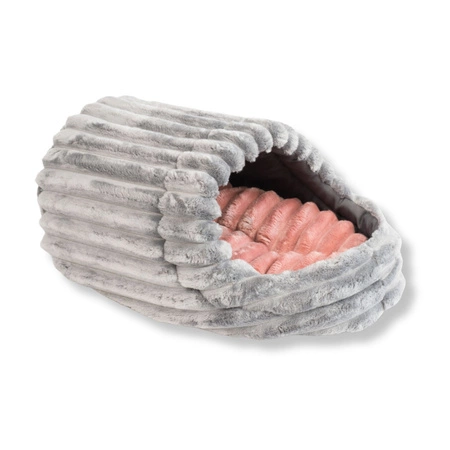 Wielka przytulna budka z polaru minki stripes (szary z różową poduchą)