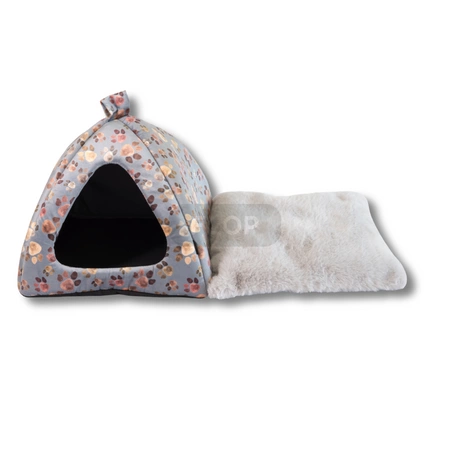 Wielka, przytulna, welurowa budka iglo dla szynszyli z puszystą poduchą szara w kolorowe łapki