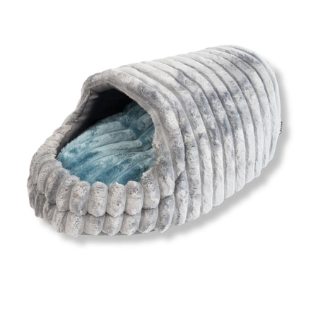 Wielka przytulna budka z polaru minki stripes (szary z niebieską poduchą)