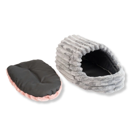 Wielka przytulna budka z polaru minki stripes (szary z różową poduchą)