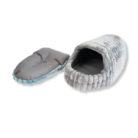 Wielka przytulna budka z polaru minki stripes (szary z niebieską poduchą)