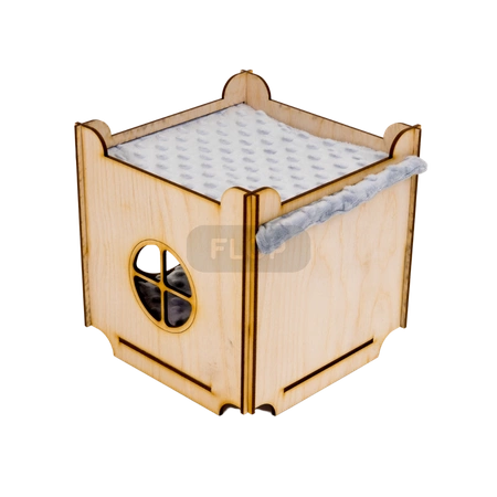 Domek z dachem - hamakiem i mięciutką poduchą z szarego polaru minki dla małych zwierząt domowych