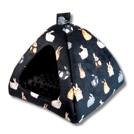 Wielka, przytulna, czarna, welurowa budka iglo - domek dla szynszyli w króliczki z puszystą poduchą