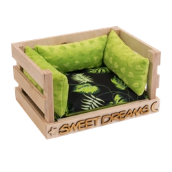 Ażurowe legowisko z wodoodporną poducha w liście na czarnym tle i mini podusiami dla szynszyli