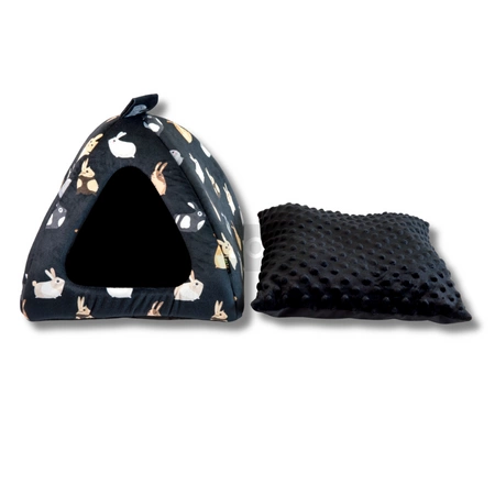 Wielka, przytulna, czarna, welurowa budka iglo - domek dla szynszyli w króliczki z puszystą poduchą